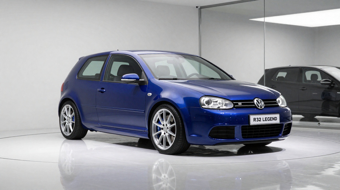 Carro esportivo Volkswagen Golf R32 azul em estúdio com paredes espelhadas ao fundo.
