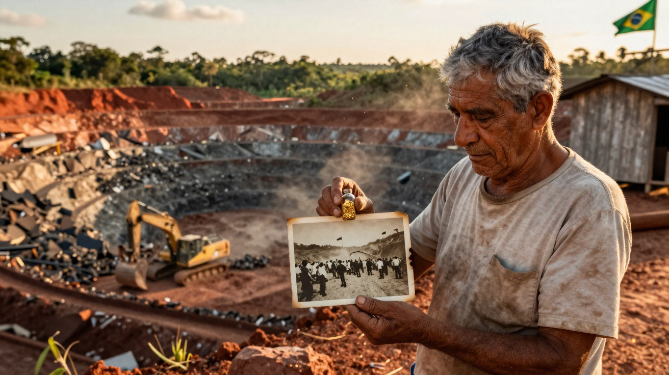 Homem mostra foto antiga e pepita de ouro em área de mineração a céu aberto no Brasil.