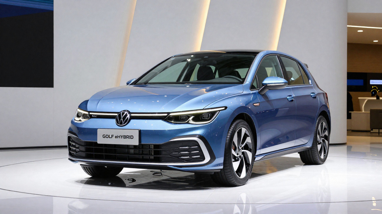 Carro Volkswagen Golf eHybrid azul exibido em salão automotivo com iluminação moderna.