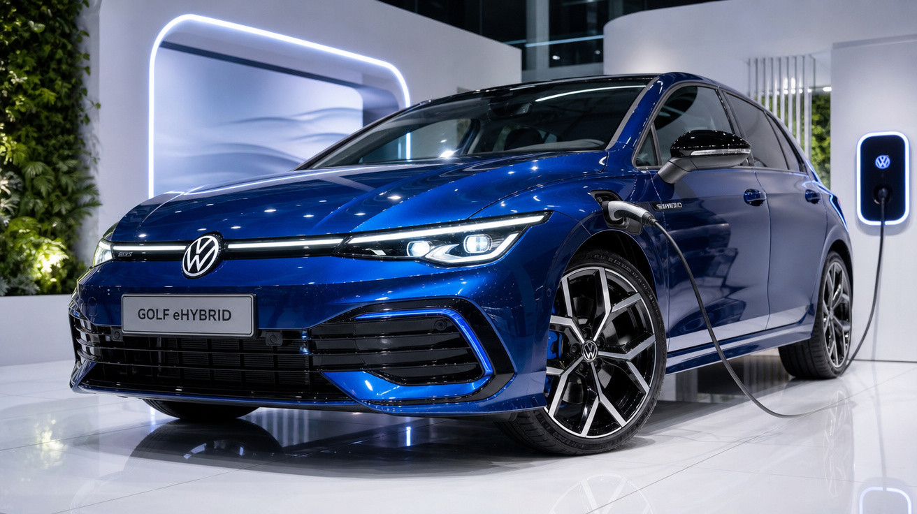 Carro elétrico azul Volkswagen Golf eHybrid sendo carregado em estação de recarga interna.
