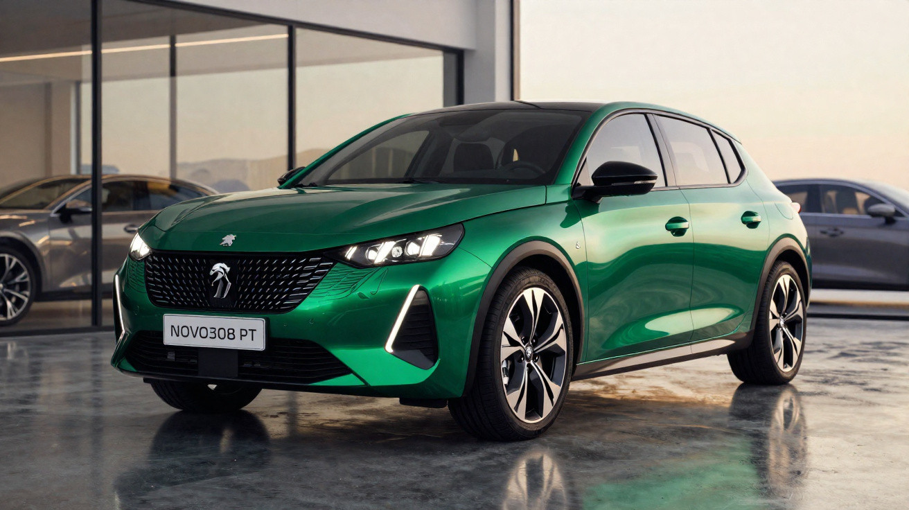 Carro hatch verde metálico estacionado em garagem interna com piso refletivo e carros ao fundo.