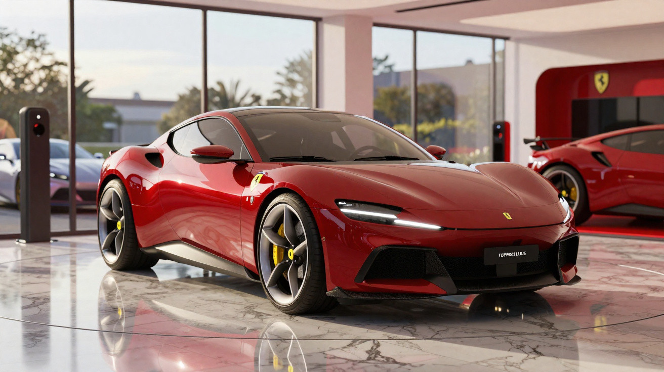 Carro esportivo Ferrari vermelho estacionado em showroom moderno com piso de mármore e janelas amplas.