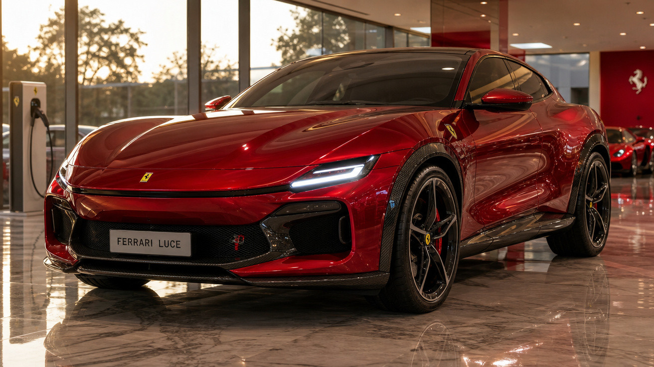 Carro esportivo Ferrari Luce vermelho brilhante exibido em showroom iluminado.