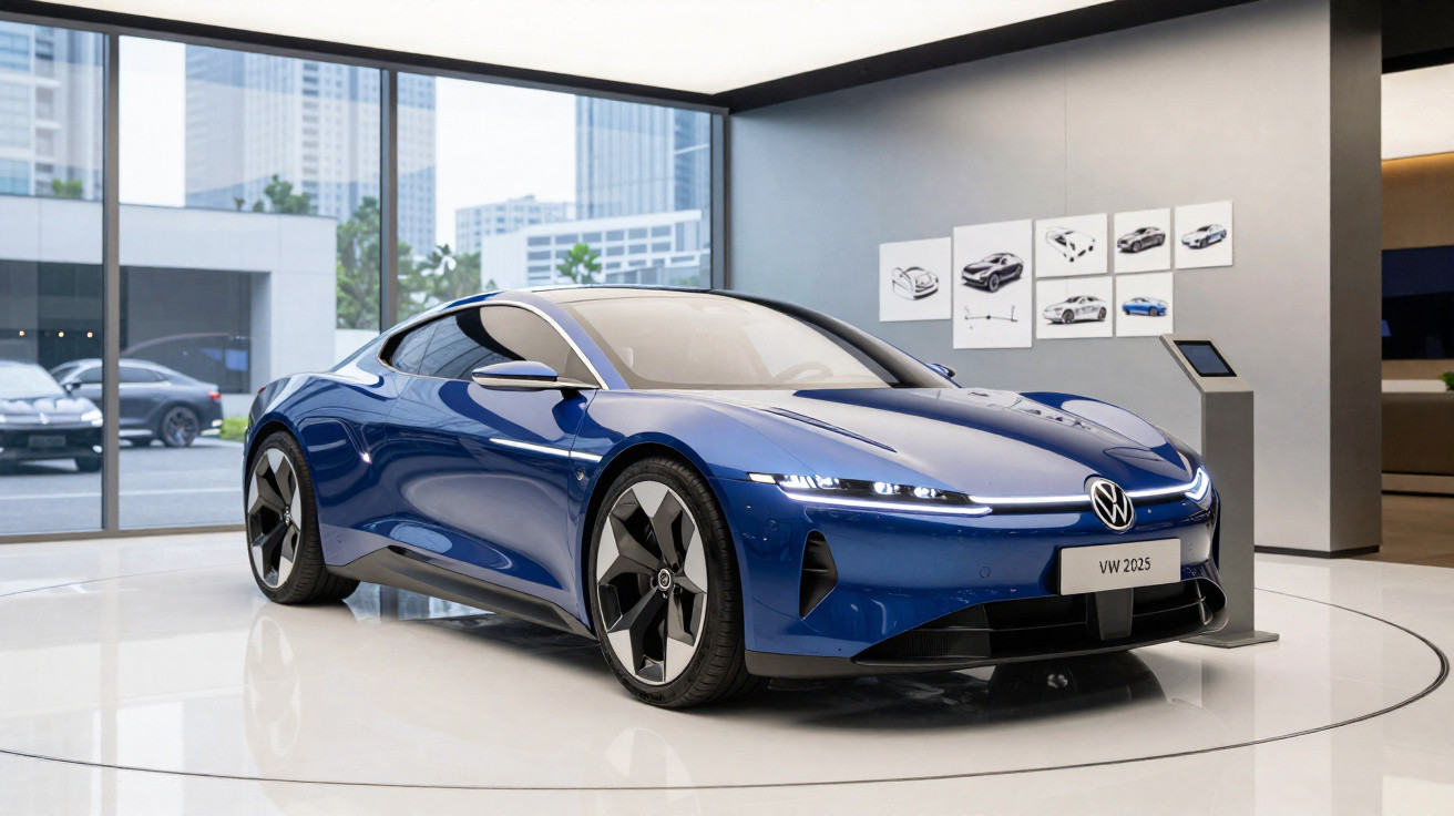 Carro esportivo elétrico azul da Volkswagen modelo VW 2025 exibido em showroom moderno.