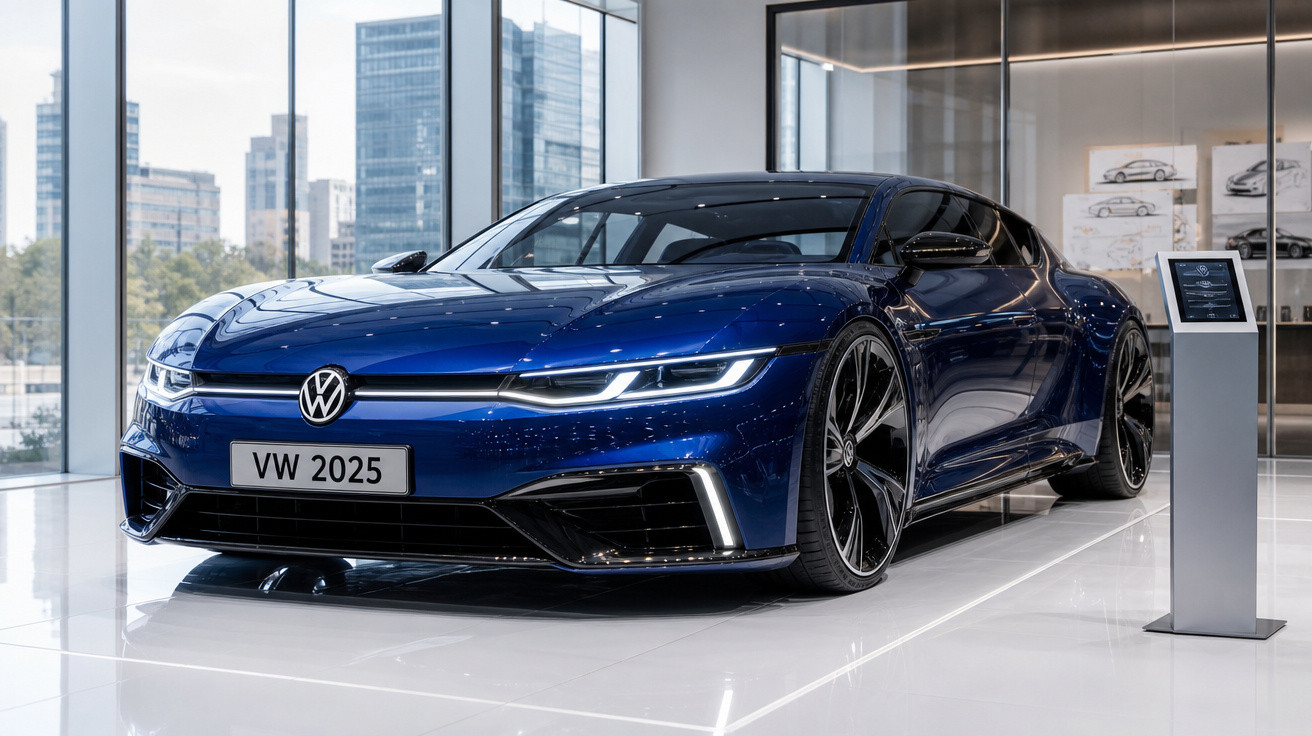 Carro esportivo elétrico azul Volkswagen 2025 exibido em showroom moderno com grandes janelas e pisos brancos.