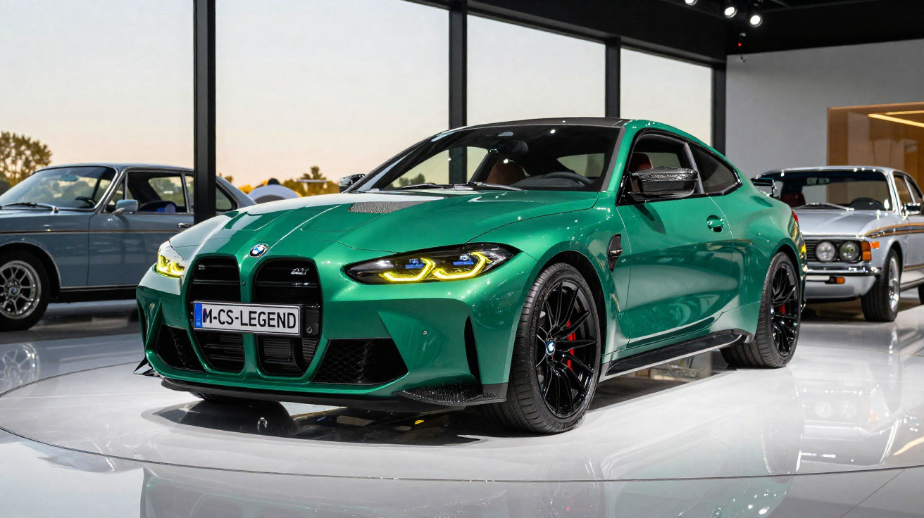 Carro esportivo BMW verde com faróis amarelos exposto em salão, com outros carros antigos ao fundo.
