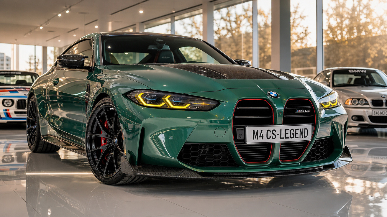 Carro esportivo BMW verde com detalhes em carbono em exposição dentro de showroom iluminado.