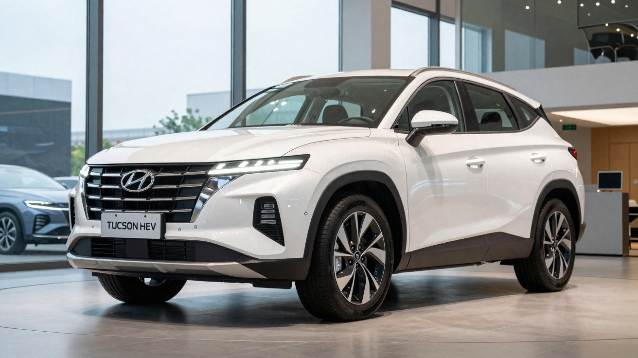 SUV Hyundai Tucson HEV branco estacionado em showroom moderno com grandes janelas de vidro.