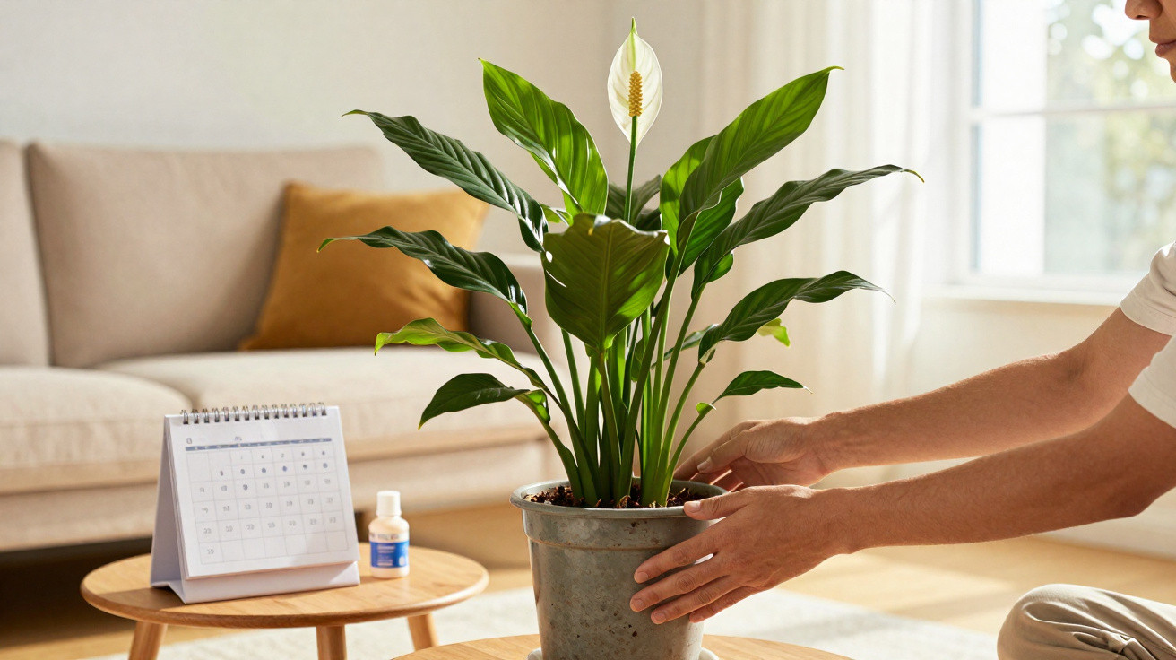 Pessoa arrumando planta em vaso em sala de estar com sofá e calendário sobre mesa de centro.