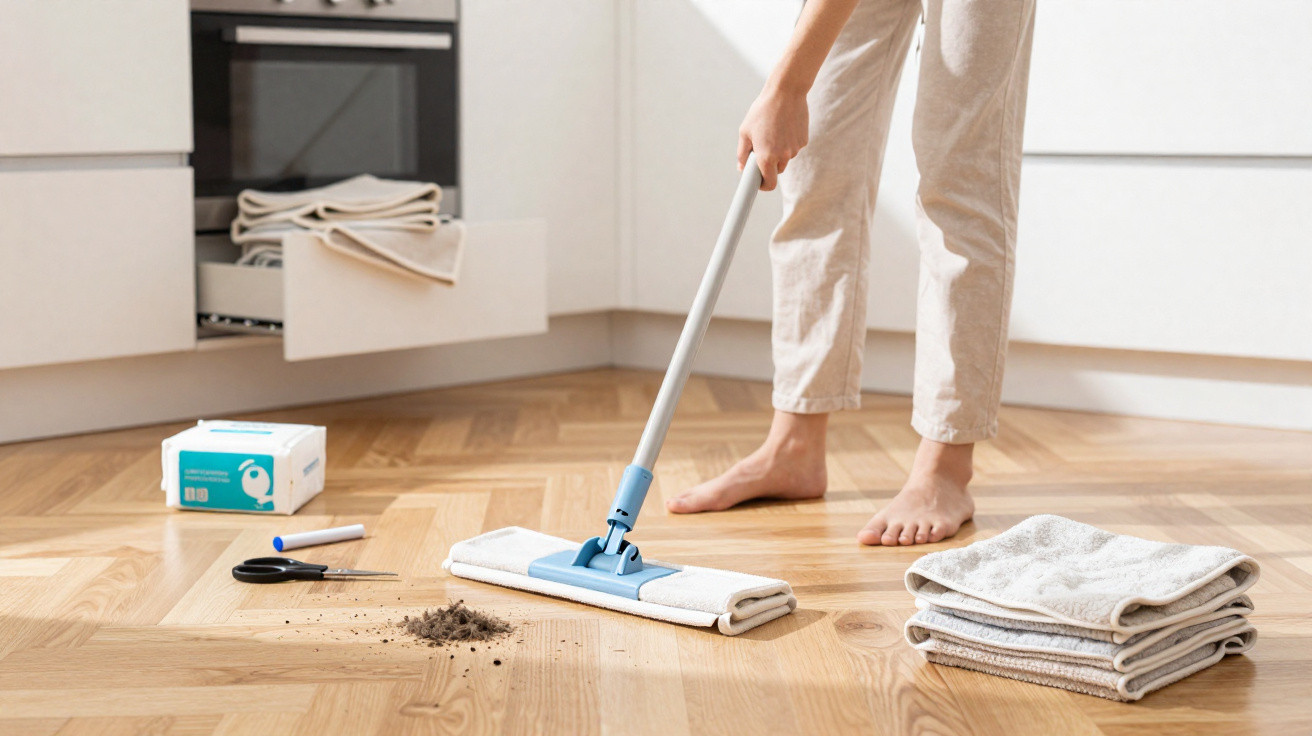 Pessoa varrendo sujeira do chão de madeira com mop azul em cozinha clara, com panos dobrados ao lado.