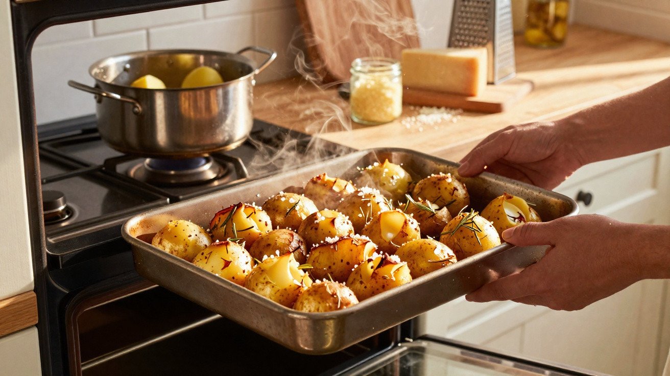 Mãos retirando assadeira com batatas assadas e temperadas do forno em cozinha iluminada.
