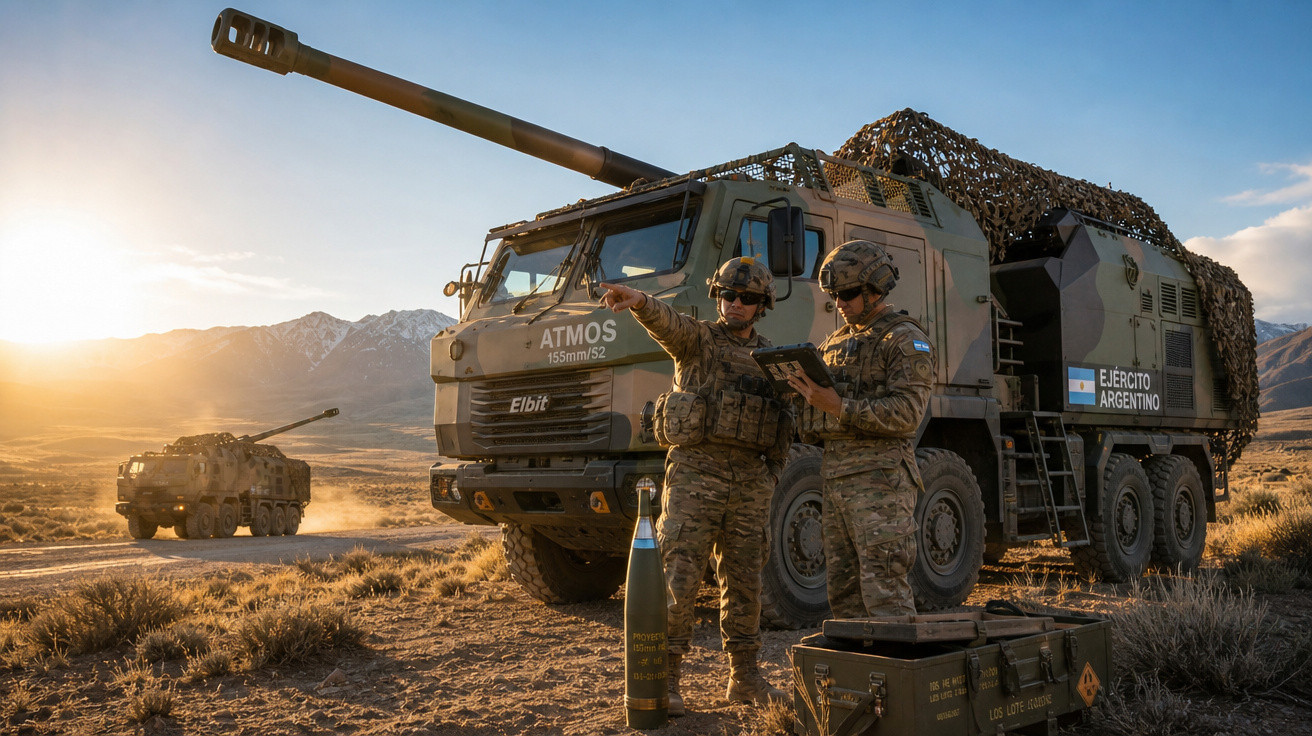 Dois militares do Exército Argentino ao lado de veículo blindado com canhão em área desértica ao pôr do sol.