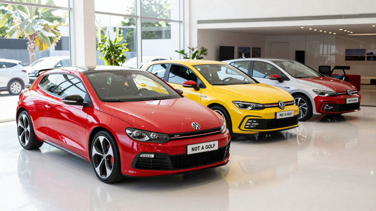 Três carros Volkswagen em exposição dentro de showroom, nas cores vermelha, amarela e branca com teto vermelho.