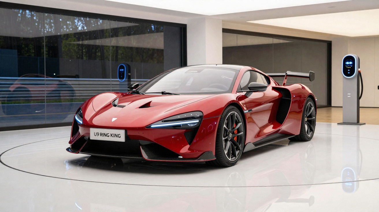 Carro esportivo vermelho U9 Ring King em showroom moderno com carregador elétrico ao fundo.