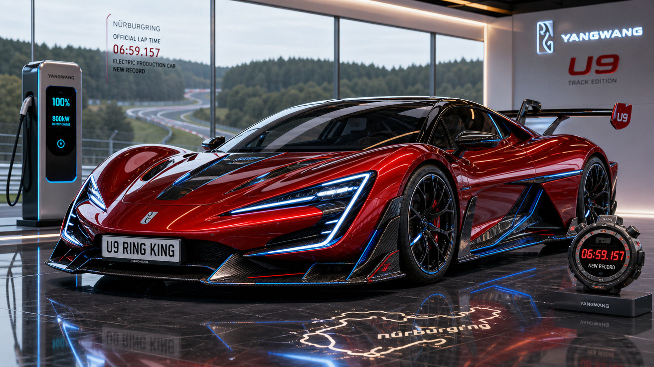 Carro esportivo elétrico vermelho Yangwang U9 em exposição com carregador e cronômetro de recorde na pista Nürburgring.