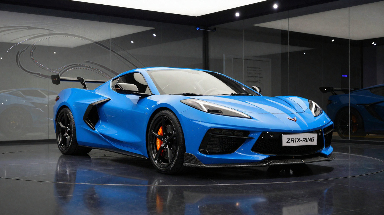 Carro esportivo azul com aerofólio traseiro exibido em ambiente escuro e espelhado.