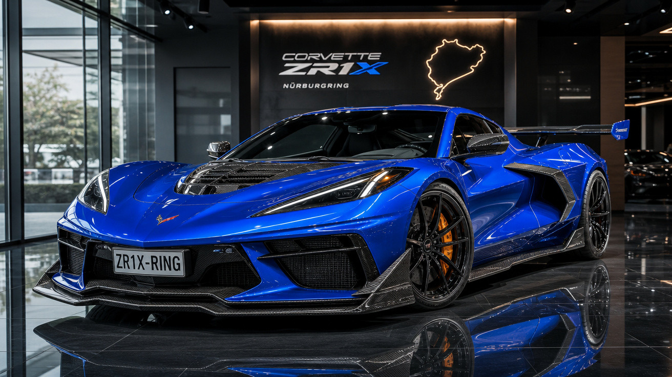 Carro esportivo azul Chevrolet Corvette ZR1X Nürburgring em ambiente interno com piso refletivo.