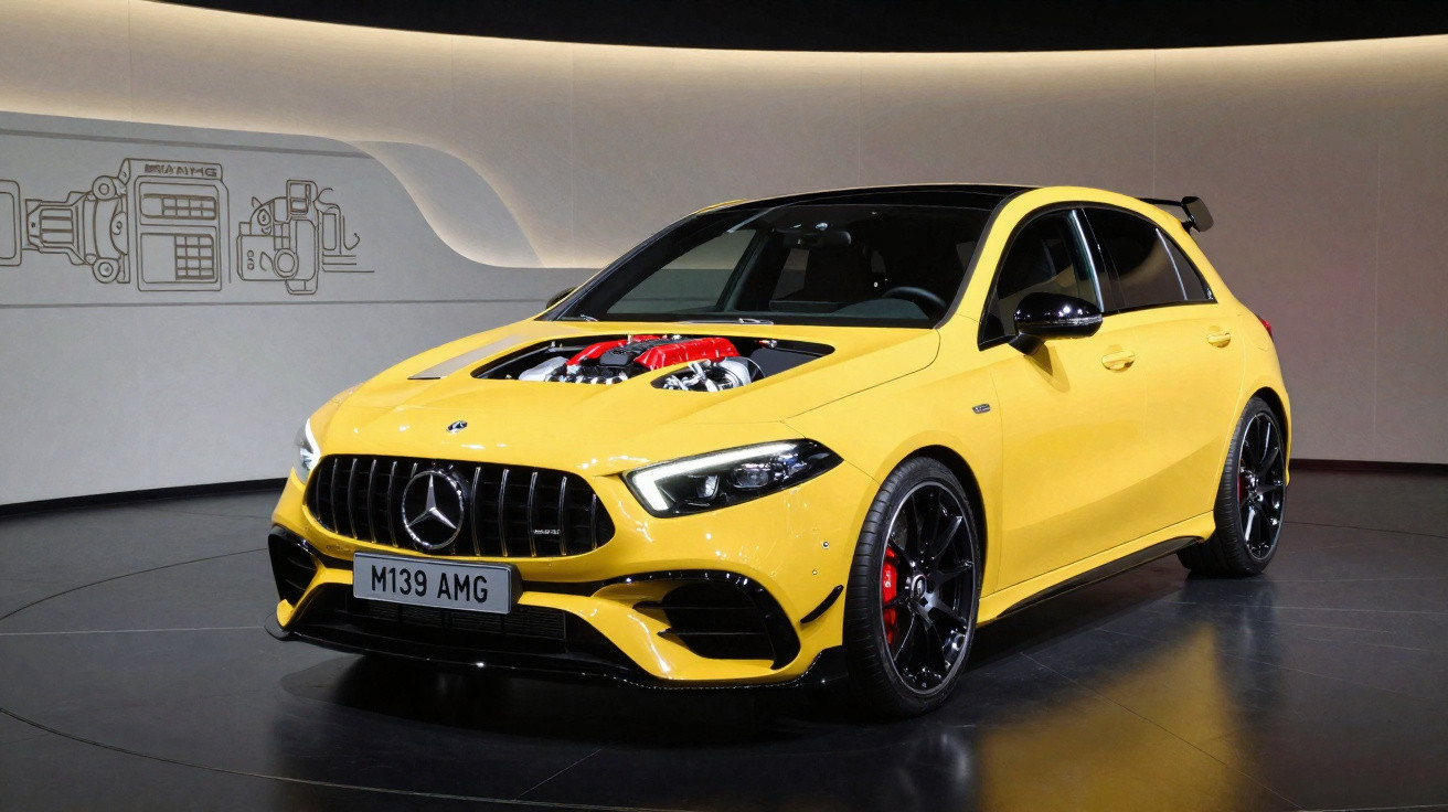 Carro Mercedes-AMG amarelo com capô transparente mostrando o motor exposto em ambiente interno moderno.