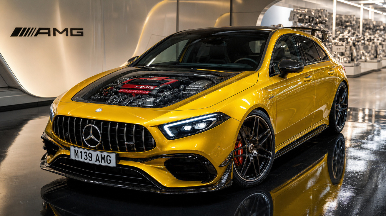 Carro esportivo Mercedes-AMG amarelo com capô transparente mostrando motor, em ambiente iluminado e refletivo.