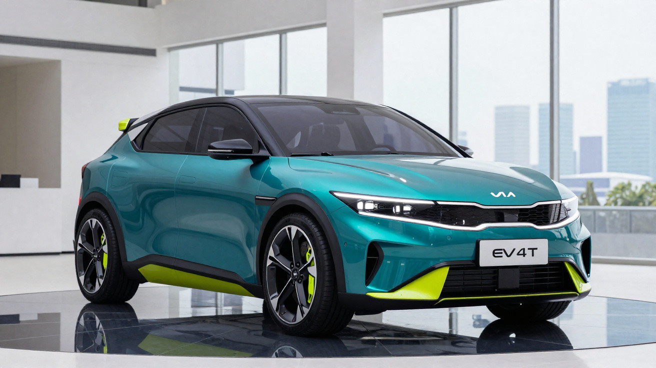 Carro elétrico Kia EV4T verde com detalhes amarelos exibido em showroom moderno com janelas amplas.