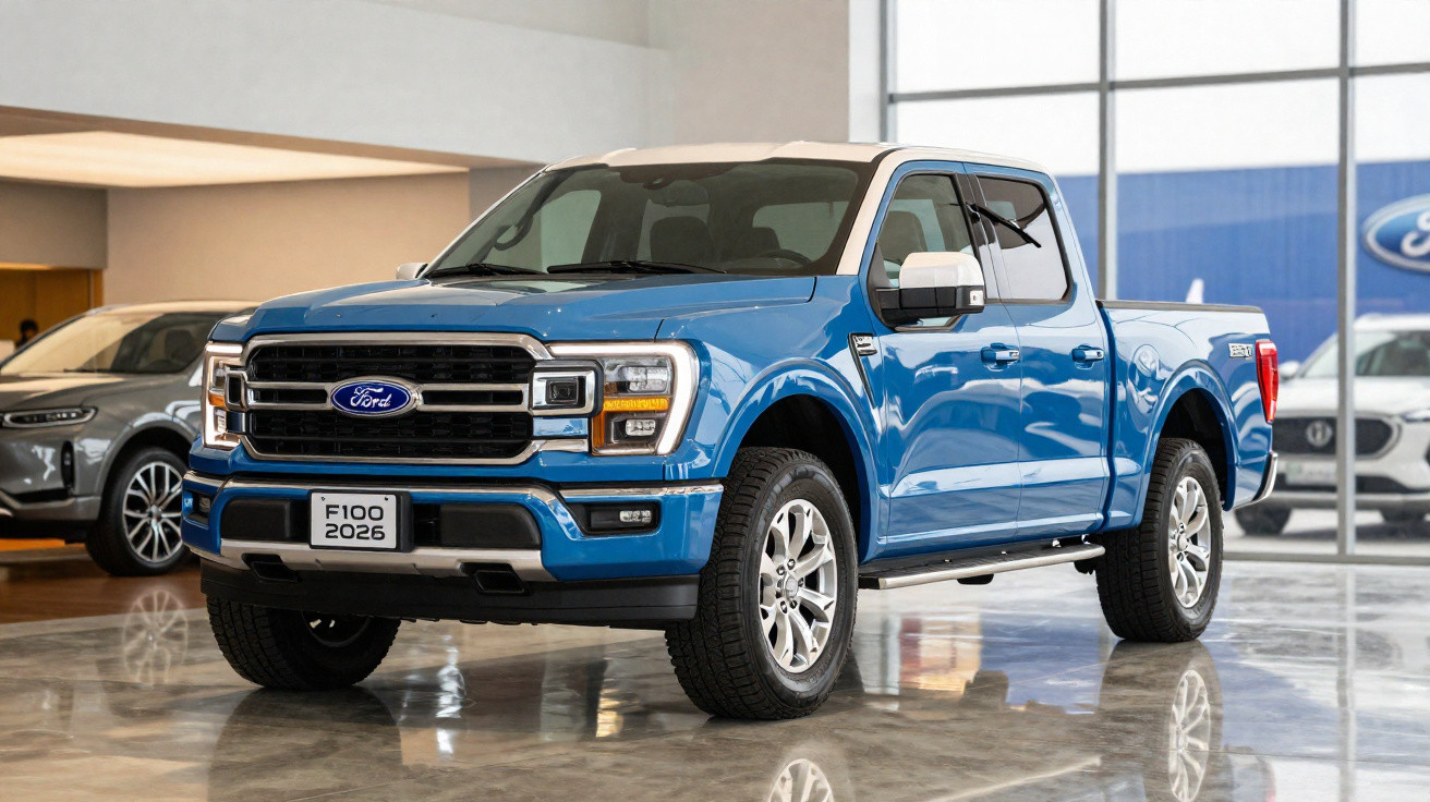 Picape Ford F-100 2026 azul exposta em showroom moderno com acabamento brilhante.