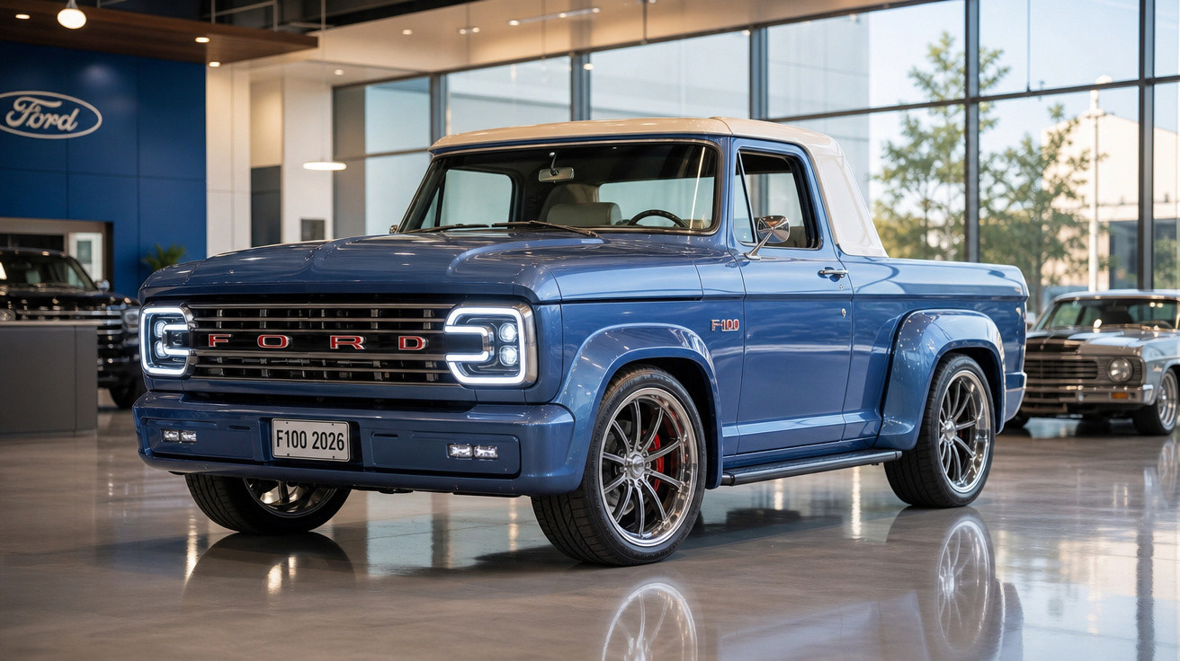 Picape Ford F-100 azul 2026 em showroom com luzes de LED e rodas esportivas.