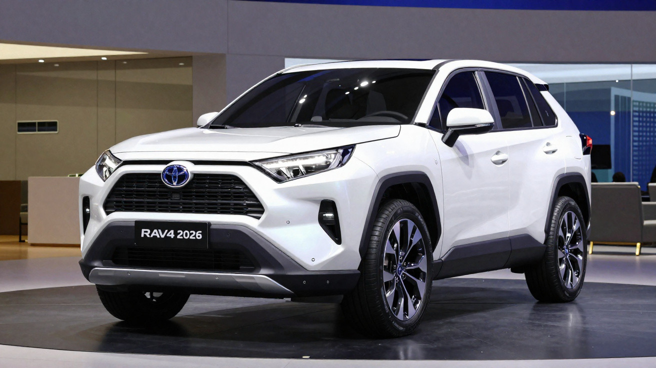 Toyota RAV4 2026 branco exibido em ambiente interno com design moderno e rodas pretas.