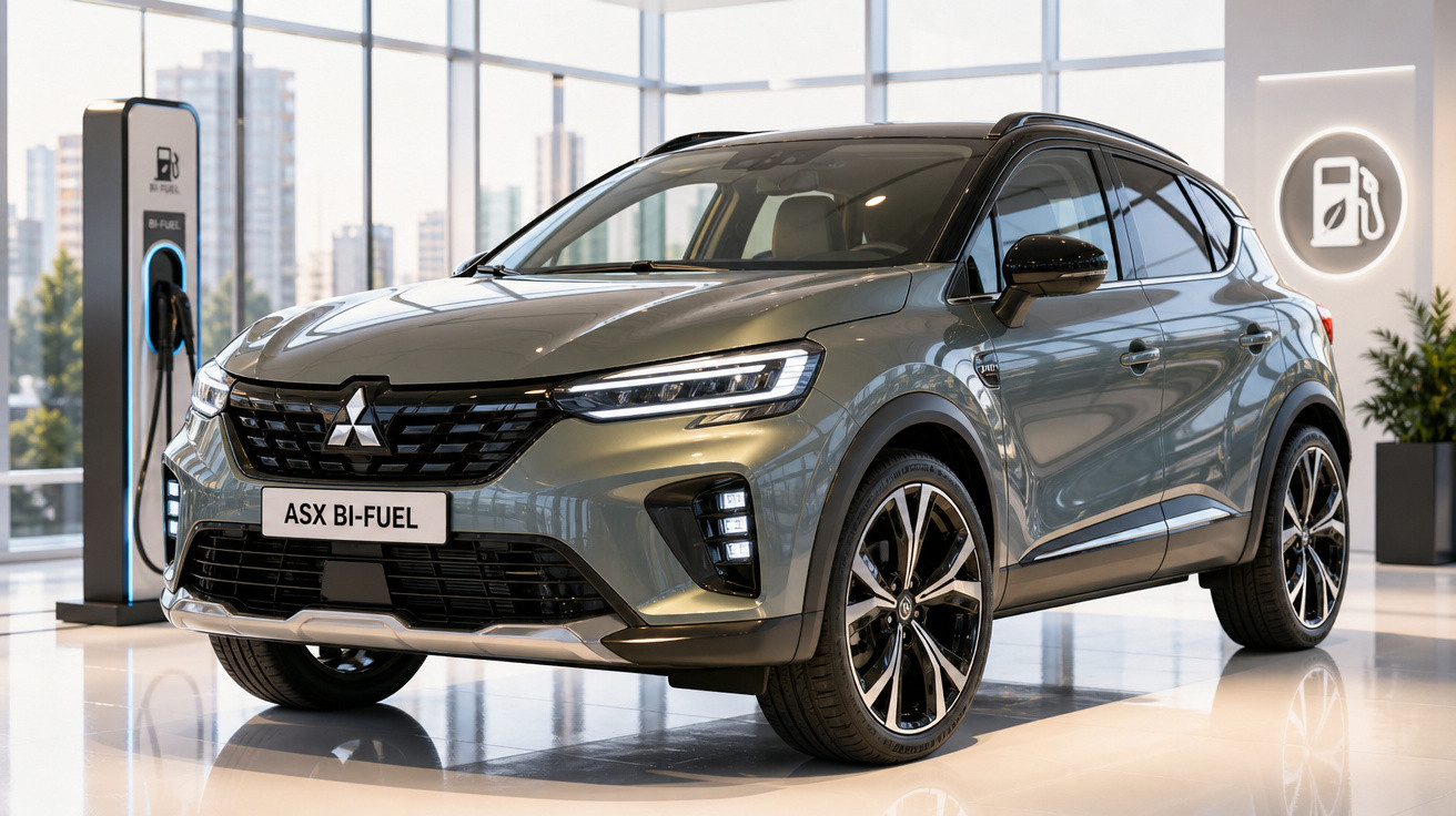 Carro SUV cinza Mitsubishi ASX Bi-Fuel exibido em showroom moderno com estação de abastecimento ao fundo.