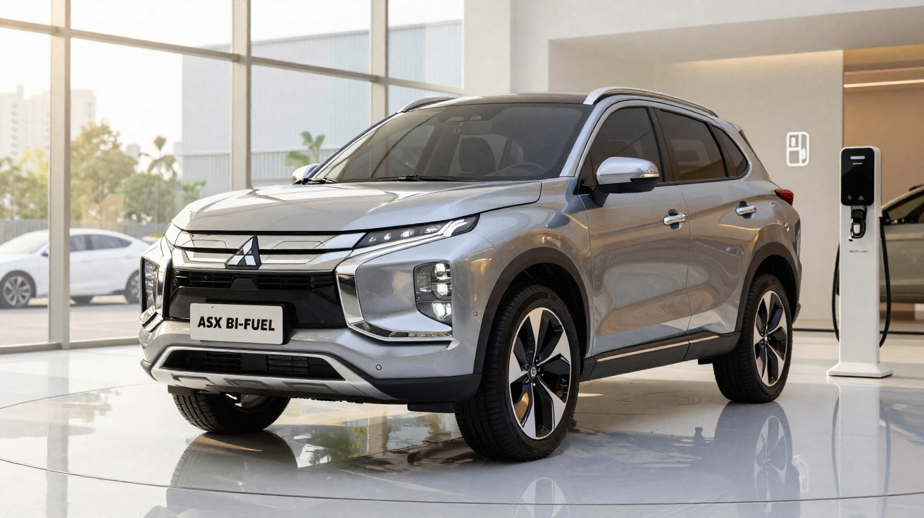 SUV prata Mitsubishi ASX Bi-Fuel exibido dentro de showroom com estação de recarga ao lado.