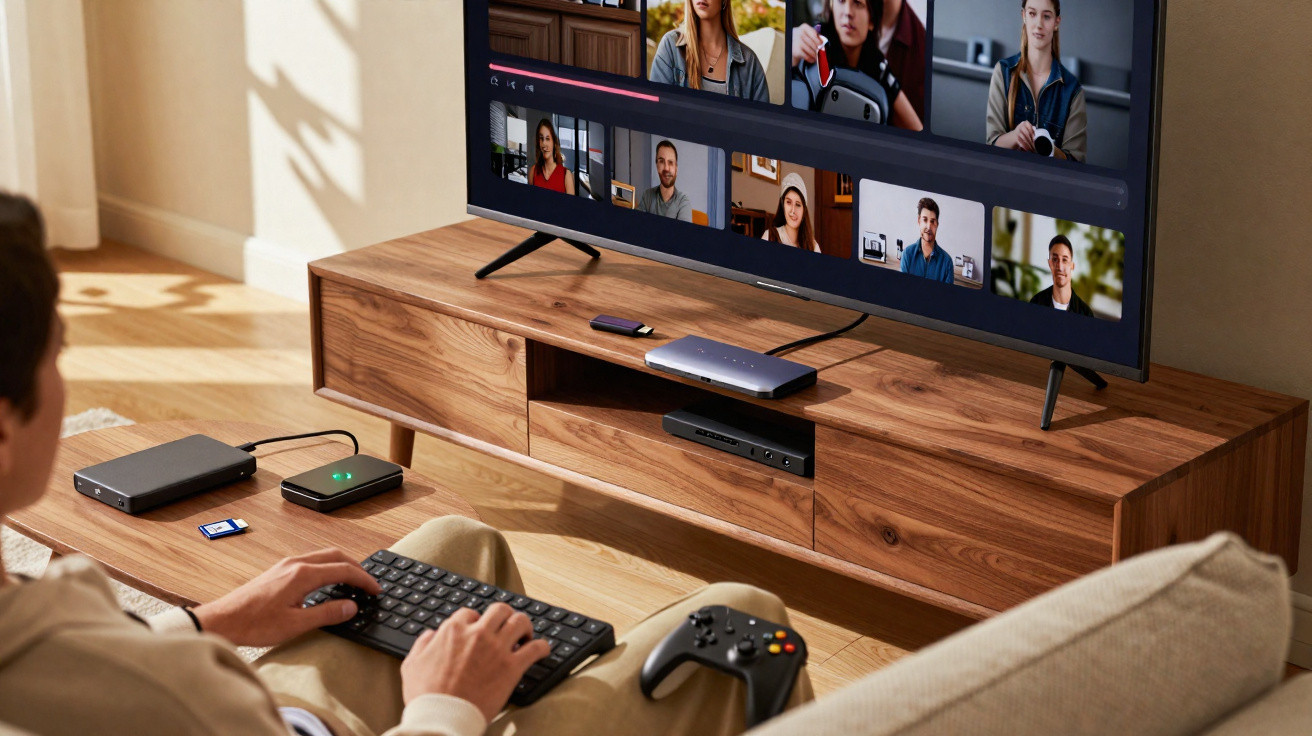 Pessoa participando de videoconferência na TV, usando teclado sem fio em ambiente doméstico moderno.