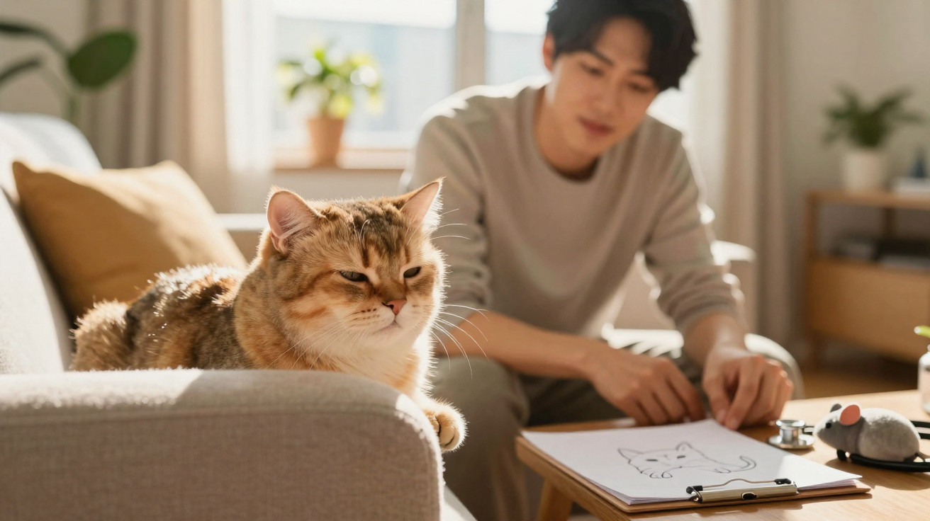 Gato marrom descansando no sofá com homem ao fundo desenhando um gato em caderno em sala iluminada.