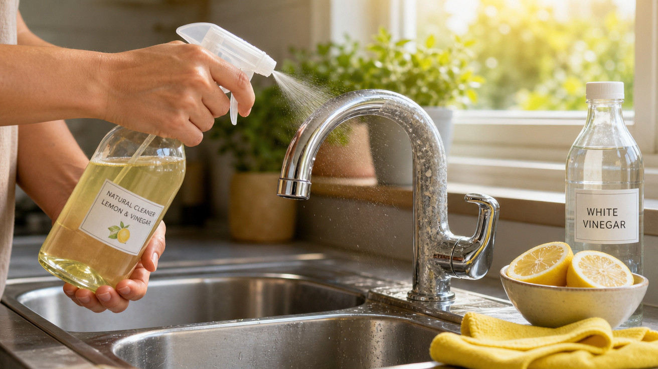 Mão borrifando limpador natural com limão e vinagre em torneira de cozinha próxima a pia e janelas.