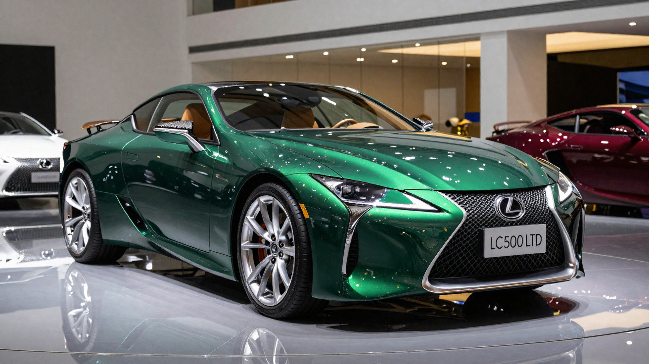 Carro esportivo Lexus LC500 LTD verde exibido em salão de automóveis com teto iluminado e reflexos no piso.