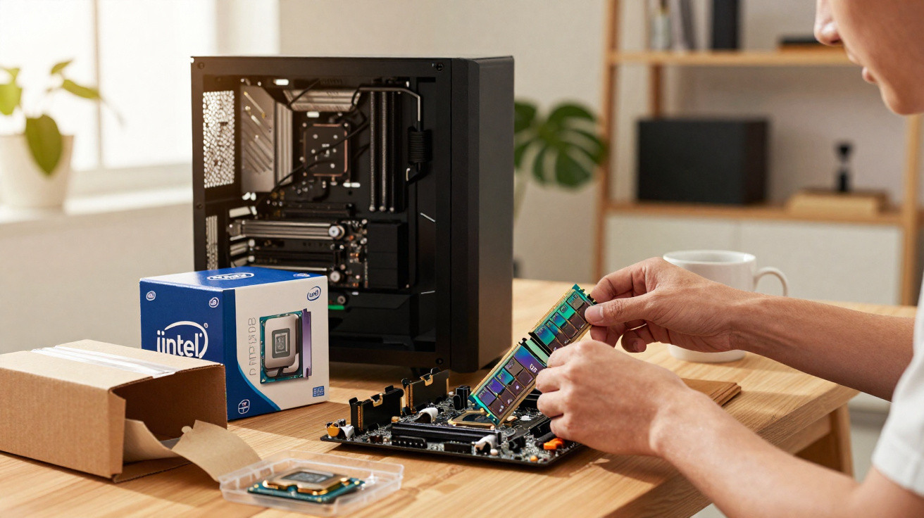 Pessoa instalando memória RAM em placa-mãe com gabinete, processador e caixa Intel sobre a mesa.