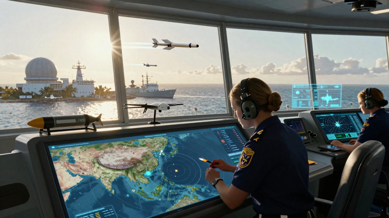 Duas oficiais em centro de comando naval monitorando mapas e mísseis com navios e radar ao fundo ao pôr do sol.