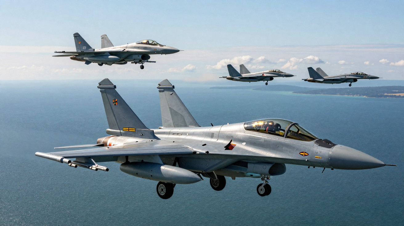 Formação de cinco caças militares voando sobre o mar em céu claro.