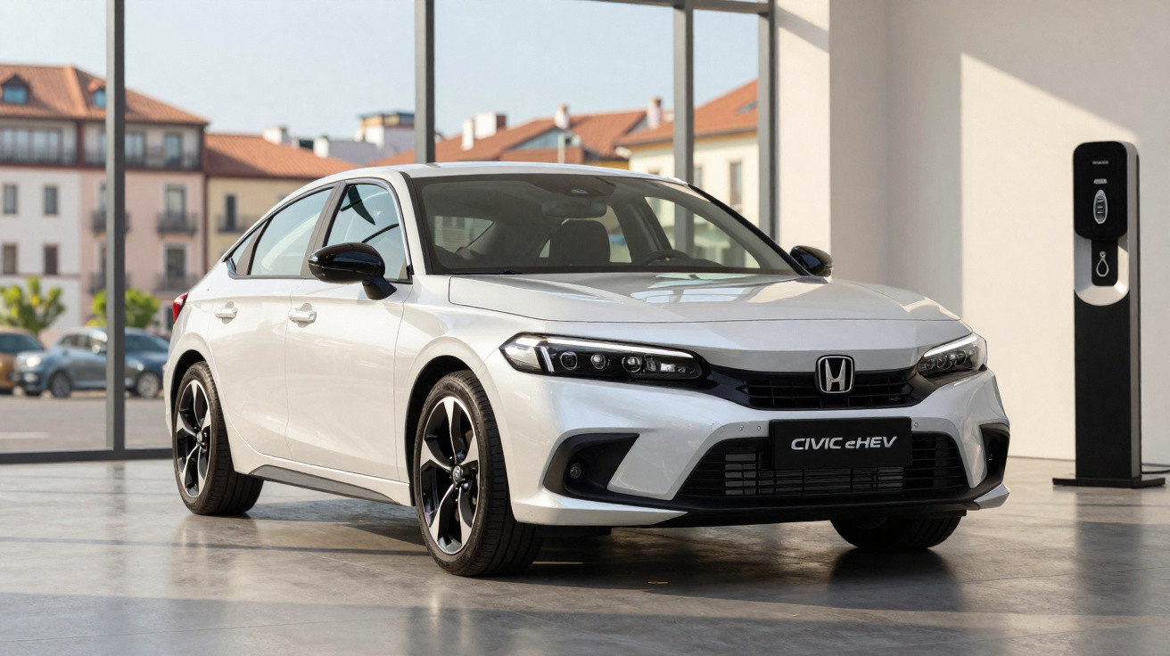 Carro elétrico Honda Civic eHEV branco estacionado dentro de uma garagem moderna com estação de carregamento.