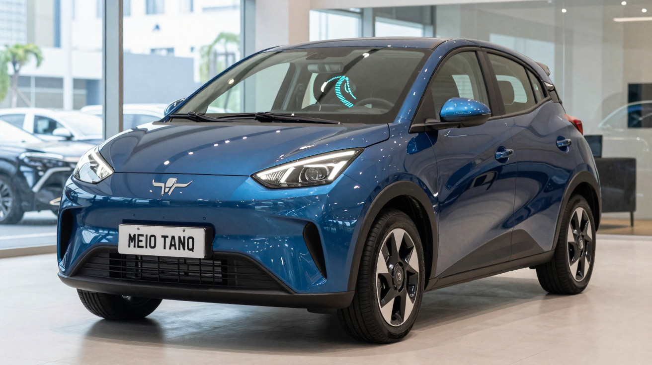 Carro elétrico azul estacionado em showroom moderno com placa personalizada "MEIO TANQ"