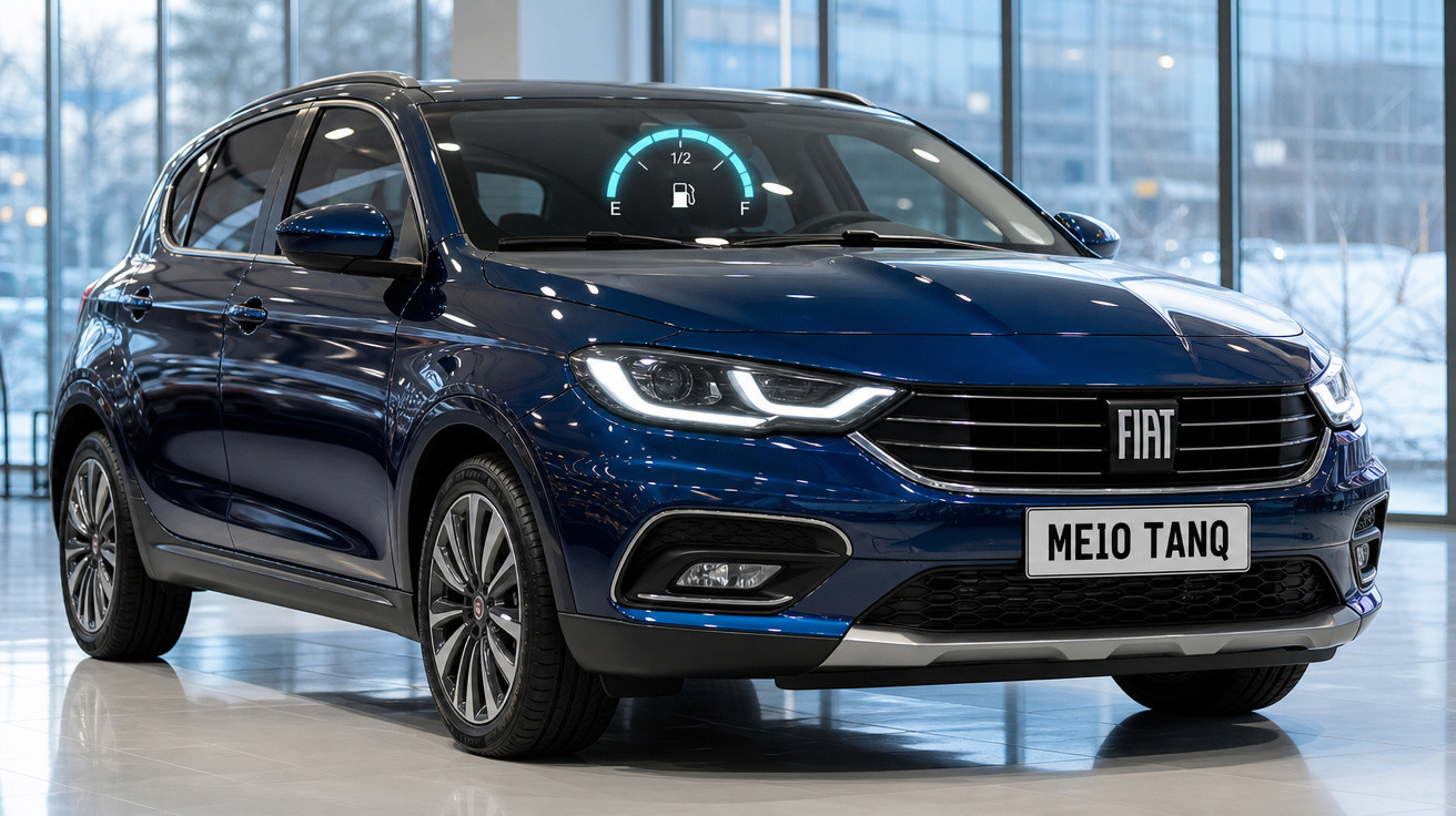 Carro hatch azul da Fiat em showroom com indicador digital de nível de combustível no para-brisa.