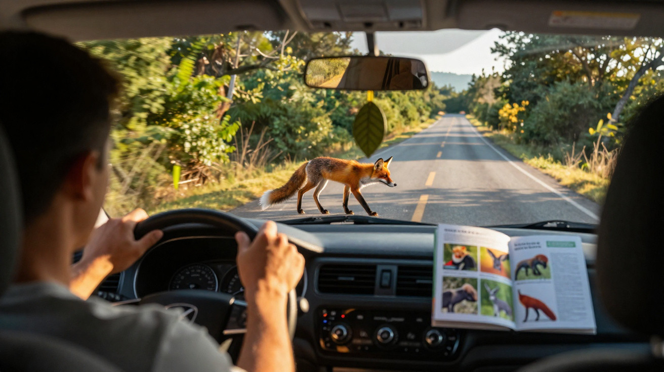 Raposa atravessando a estrada vista pelo para-brisa de um carro em área rural ensolarada.