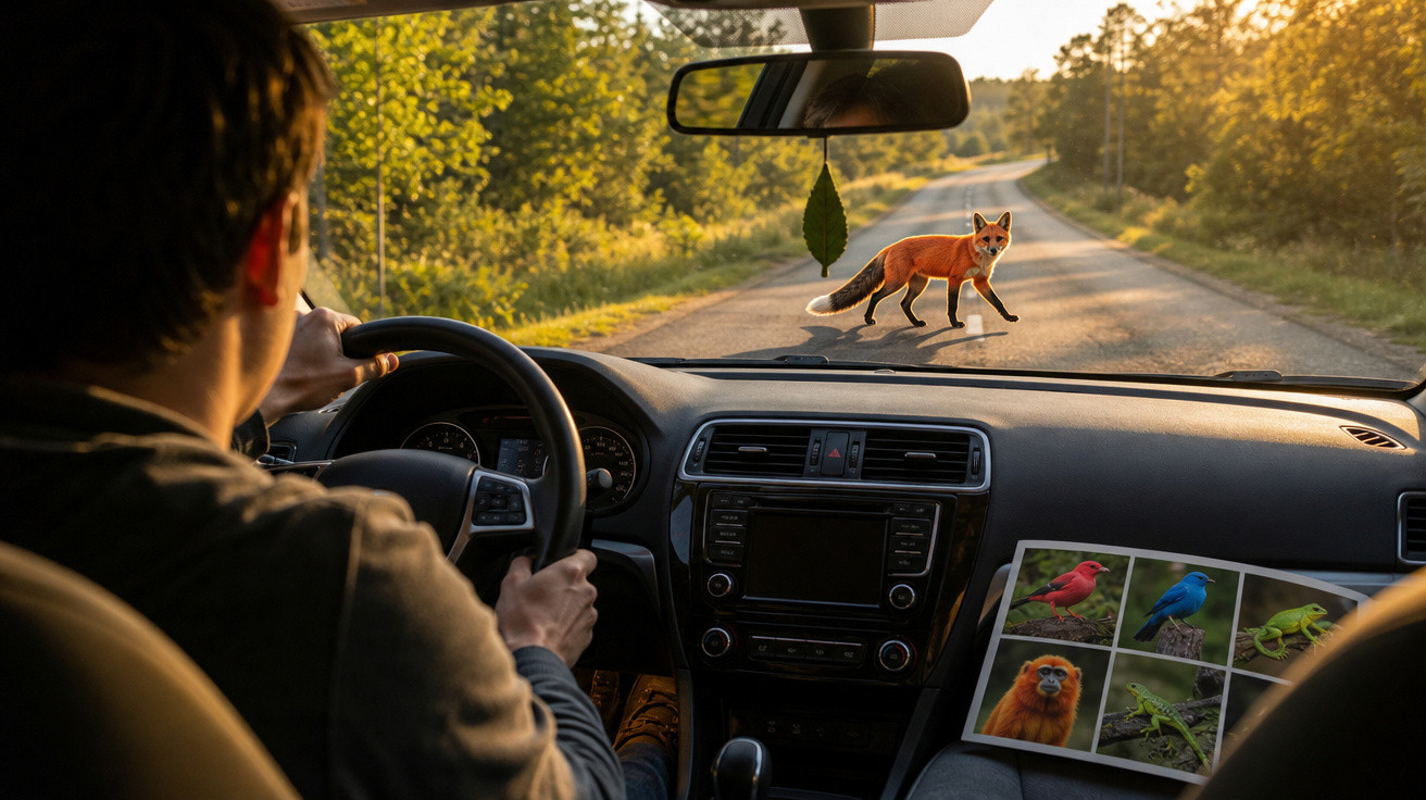 Motorista observa raposa atravessando estrada de terra à frente do carro ao pôr do sol.