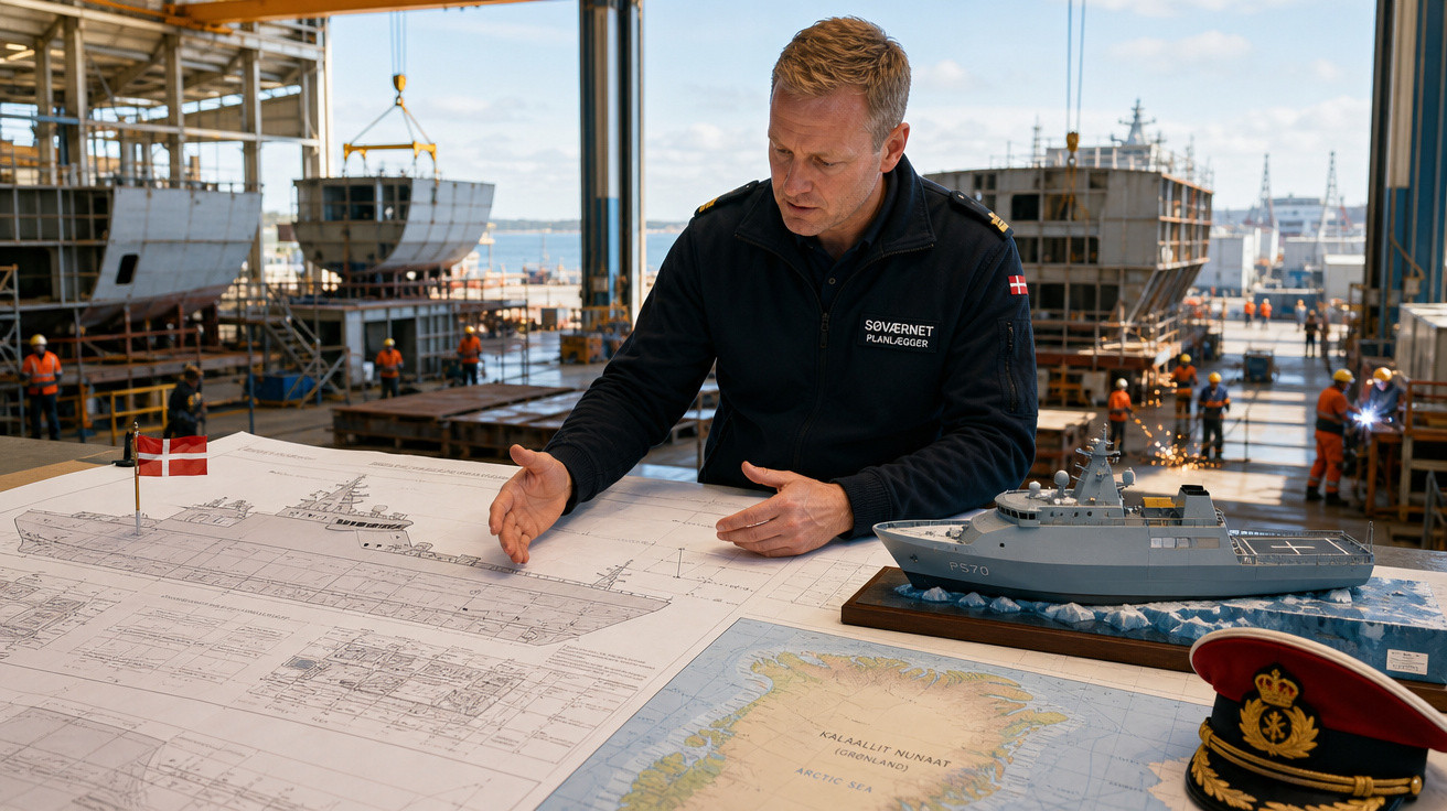Homem analisando planta naval ao lado de maquete de navio em estaleiro com operários ao fundo.