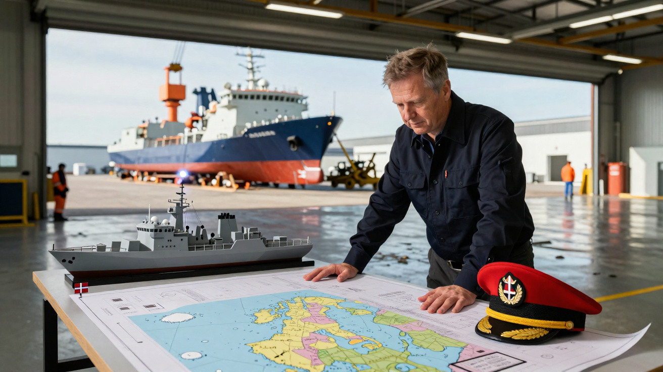 Homem analisa mapa náutico em mesa com maquete de navio e boné militar em hangar portuário com navio ao fundo.