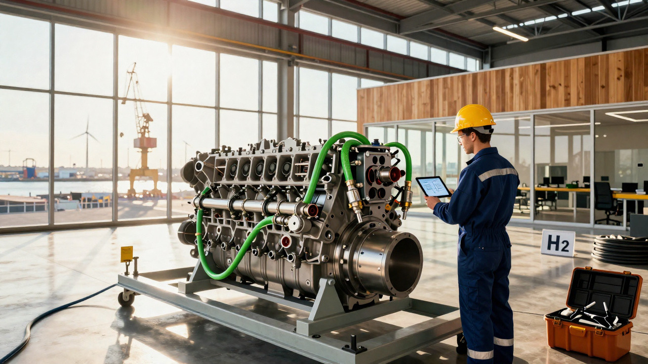 Engenheiro com capacete analisando motor industrial em laboratório amplo com janelas e equipamentos ao redor.