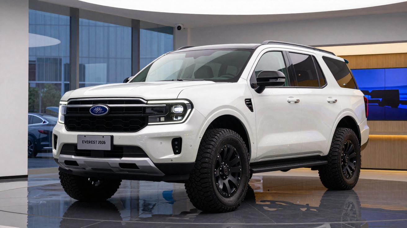 SUV Ford Everest 2026 branca, exibida em showroom moderno com rodas pretas e faróis acesos.