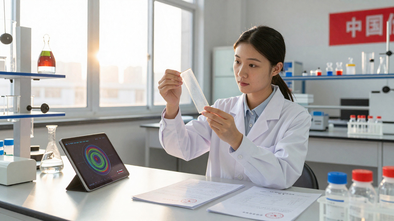 Mulher cientista em jaleco analisando lâmina de vidro em laboratório com equipamentos científicos.