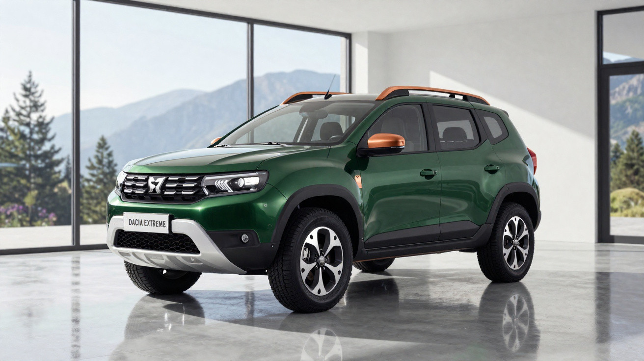 SUV verde Dacia Extreme estacionado em ambiente interno com janelas grandes e vista para montanhas.