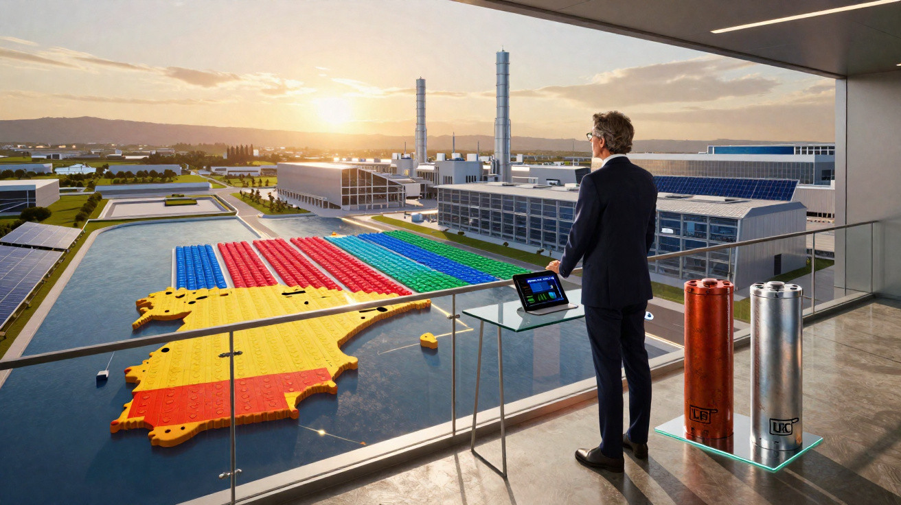 Homem observa mapa colorido flutuante em forma da Espanha, em área industrial moderna ao pôr do sol.