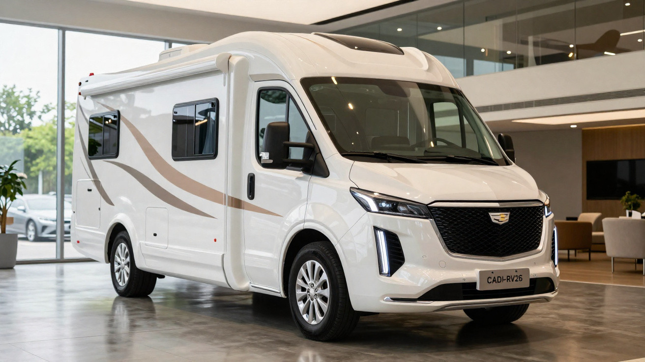 Motorhome branco com detalhes bege exibido em ambiente interno moderno e iluminado.