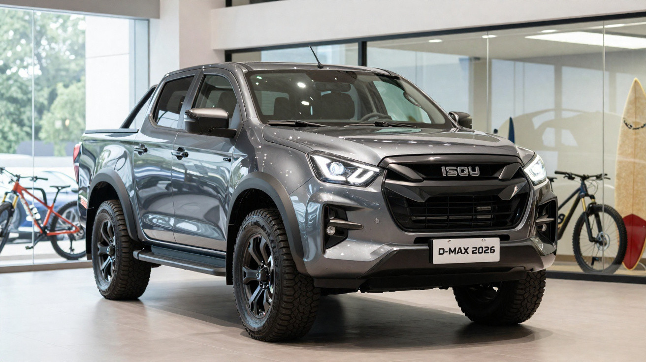 Picape cinza Isuzu D-Max 2026 em exibição dentro de showroom moderno com bicicletas ao fundo.